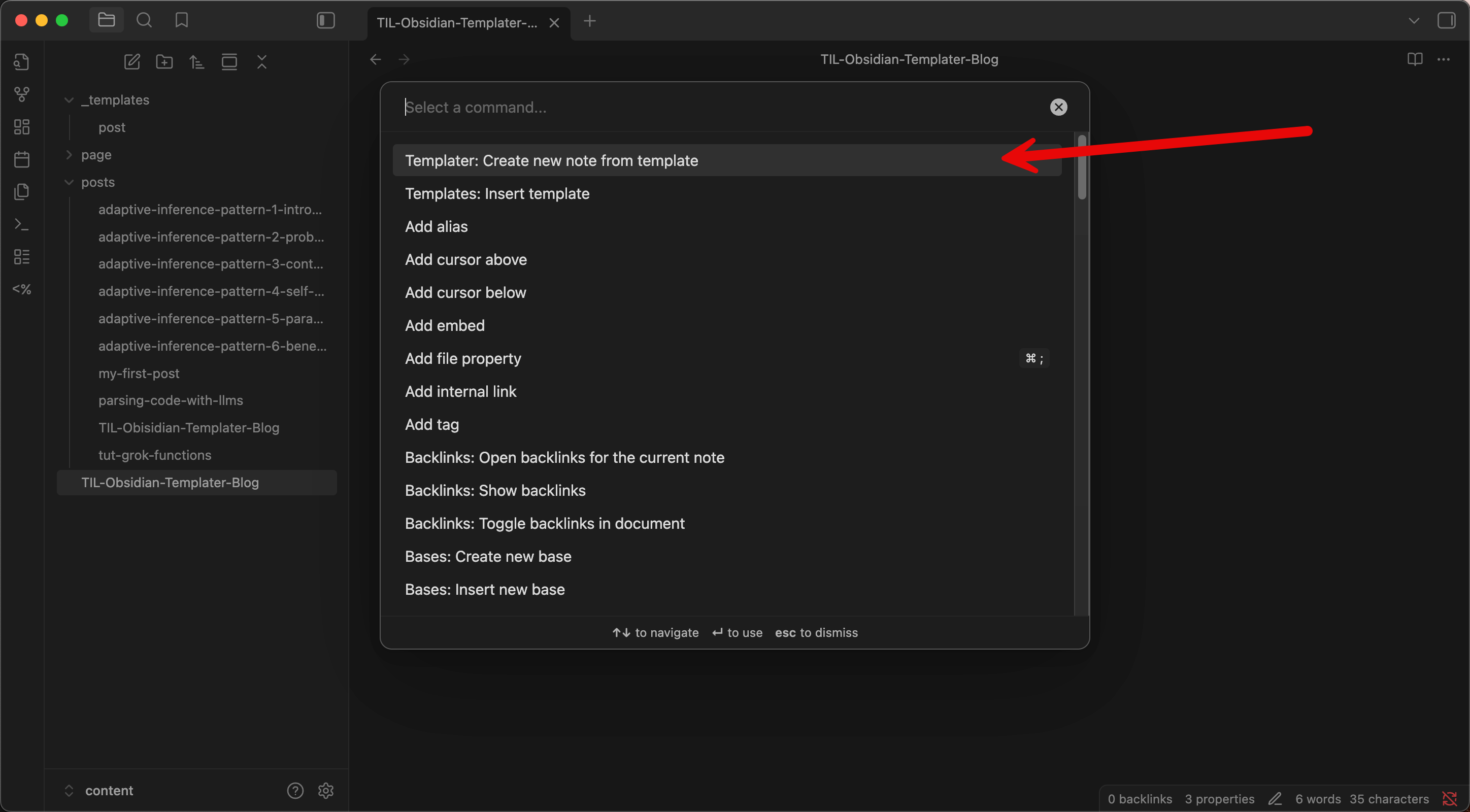 Selecting Templater from the Obsidian command palette